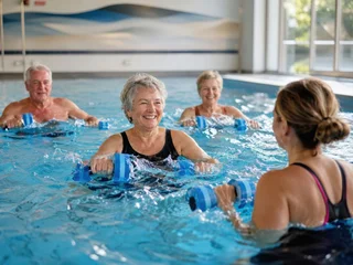 Senioren trainieren bei Aquafitness im Hallenbad mit Wasserhanteln. Der Kurs verbindet gelenkschonende Bewegung, Gesundheit, Gemeinschaft und Lebensfreude. © superstock