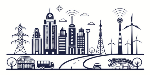 Fototapeta premium Set of 100 smart electric on white background, including buildings, vehicles, and devices electric car