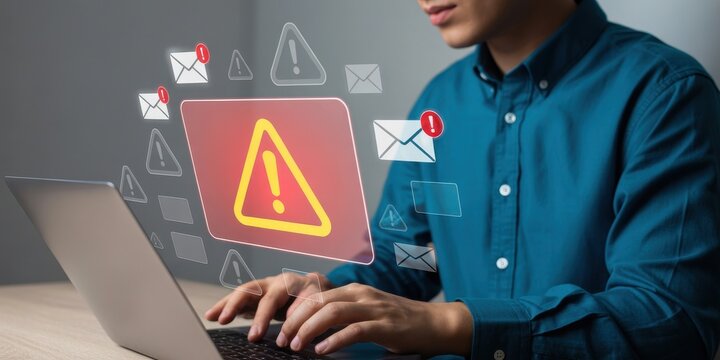 Person working on laptop with digital warning signs and email notifications transparent background