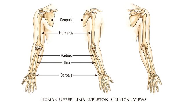 Human arm skeletal anatomy and muscular structure diagram with skeleton
