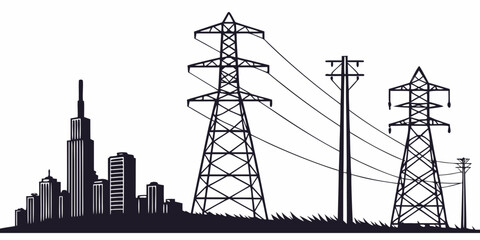 Black and white urban skyline with iconic skyscrapers and power lines cityscape © Mamun