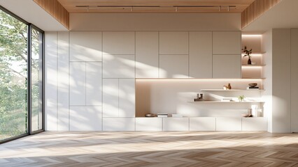 Fototapeta premium Minimal modern living room interior with sofa shadow and shelves
