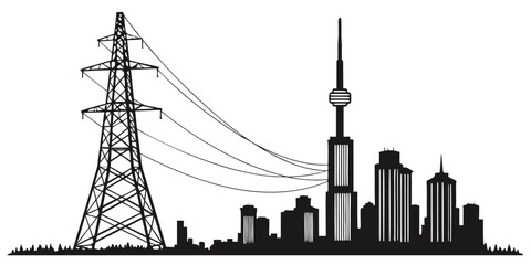 Black and white urban skyline with power lines and skyscrapers, minimalist cityscape © Mamun