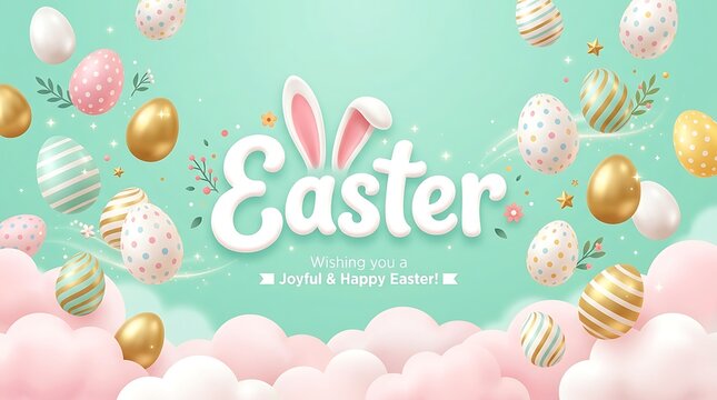 Happy easter banner background with colored easter eggs falling down from the sky.
