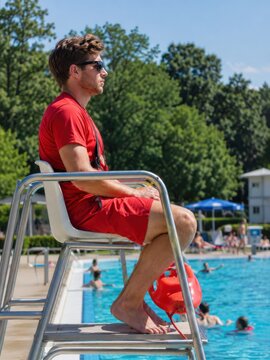 Aufmerksamer Rettungsschwimmer sitzt auf dem Hochsitz am Freibad. Rettungsboje, rotes Outfit und klare Sicht aufs Becken stehen f&uuml;r Sicherheit und Verantwortung.