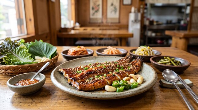 Korean traditional healthy food table setting featuring Samgyetang and Galbitang