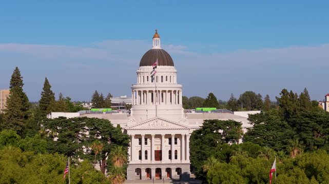 Aerial views show the west side of the California State Capitol and the annex under construction to the east in Sacramento