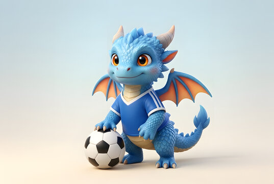 Friendly blue dragon athlete holding soccer ball on isolated background