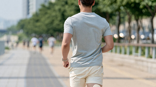 緑豊かな遊歩道を軽快にランニングする若い男性の背中 | ぼかし背景