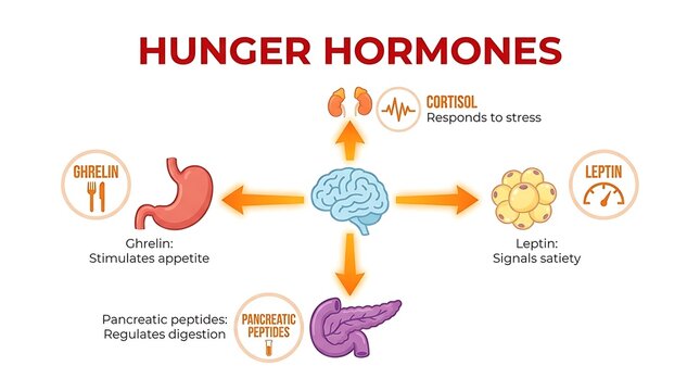 Human hunger hormones infographic showing interaction with brain and organs