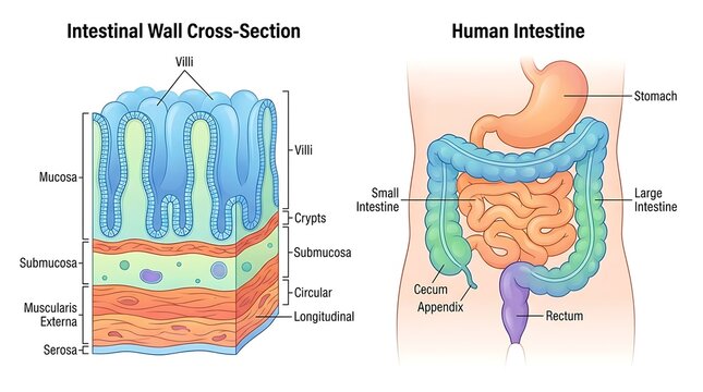 Human intestinal wall cross section and digestive tract anatomy illustration