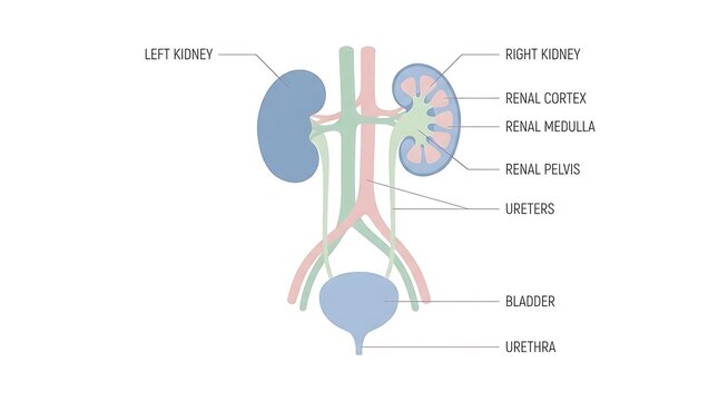 Diagram of human urinary system and kidney structure with physiology, excretory
