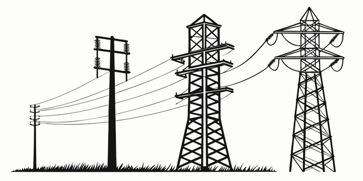 Set of 100 monochrome electrical utility tower line white background, electrical towers utility towers