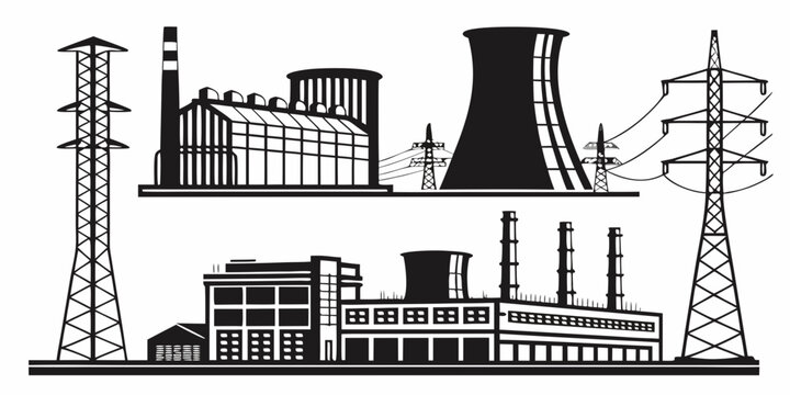 Black and white of industrial power infrastructure, substations, towers, and transformers power lines