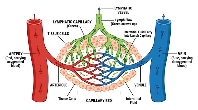 Medical illustration of capillary network and interstitial fluid exchange