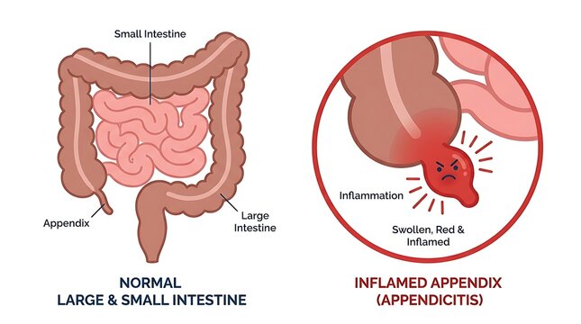 Medical illustration of human intestinal anatomy and appendicitis inflammation