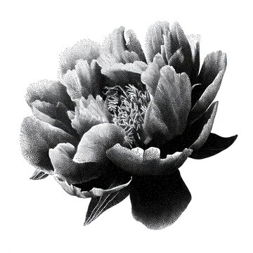 Black and white halftone peony flower illustration on white