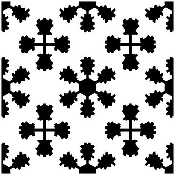 Symmetrical pattern of six sided snowflake shapes in solid black with black white background decorative geometric symmetry ornament abstract