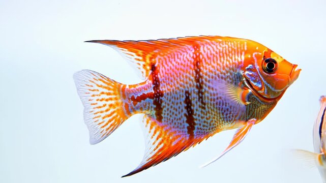 Vibrant orange angelfish swimming against plain white background