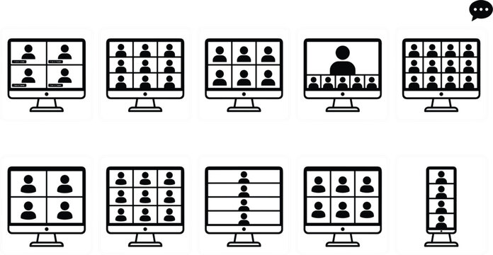 Vector black silhouette icon set showing different video conference screen layouts and virtual meeting group grids