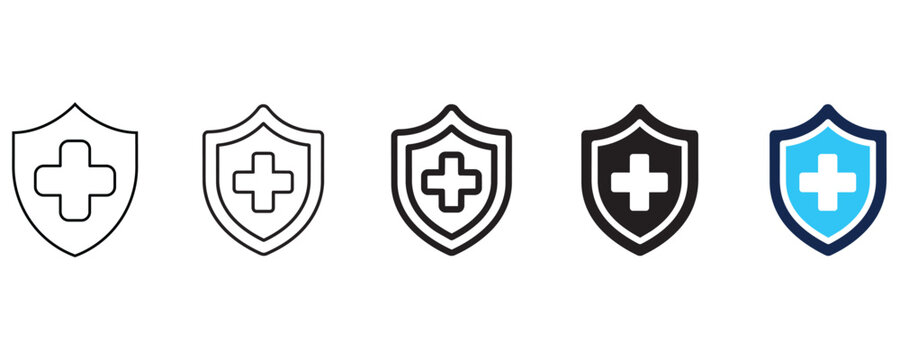 Medical Shield and Healthcare Protection Concept Editable Stroke Icon and Vector Illustration Set for Health Insurance, Safety, Patient Care and Medicare