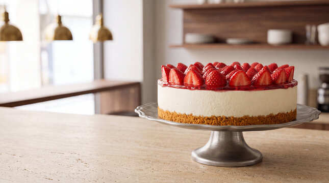 ケーキスタンドに乗せられた苺たっぷりのチーズケーキ | シズル感