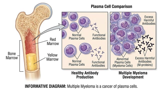Medical diagram explaining plasma cell cancer development in bone marrow