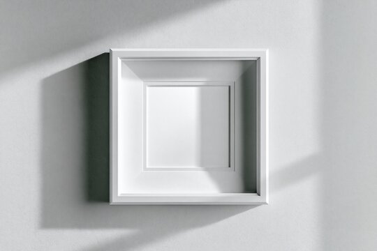 Minimal white square frame with shadow on gray wall, abstract concept