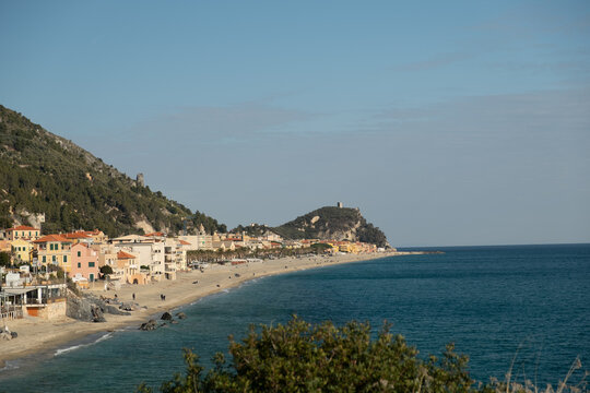 The colorful village of Varigotti, with its sandy beach on the Ligurian coast of the Riviera dei Fiori on a winter day in 2025