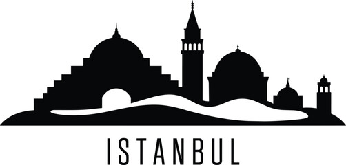 Istanbul skyline silhouette featuring historic mosques, minarets and ancient domes in a minimalist black and white travel icon © lok0077