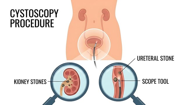 Medical illustration of cystoscopy procedure and kidney stones with cystoscopy