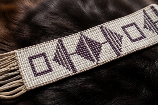 Traditional belt woven with white and purple wampum beads on fur.