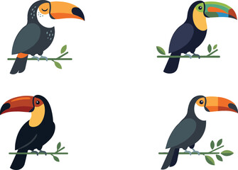 Fototapeta premium Tropical toucan bird cartoon characters vector set featuring exotic jungle birds with colorful beaks perched on tree branches isolated on white background