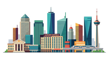 Obraz premium Modern Cityscape Illustration: Buildings, Skyscrapers, and a Tower