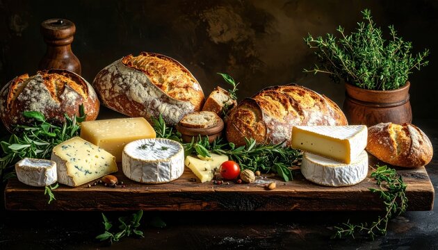 Artisanal bread loaves and cheese assortment on wood.