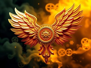 Naklejka premium Golden wings unfolding from intricate gearwork, ornate, futuristic