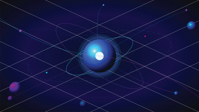 Abstract quantum atom with orbiting particle in a futuristic network grid, representing science, technology, and data.