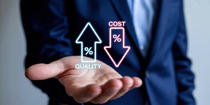 Businessman hand showing upward quality arrow and downward cost arrow graphic transparent background