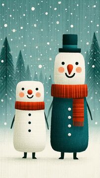 Retro animation illustration of a cute snowman in winter
