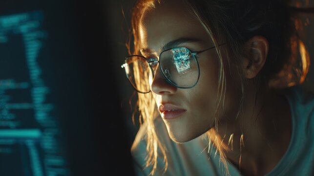 Focused Woman Working Late in Front of Computer Screen with Code