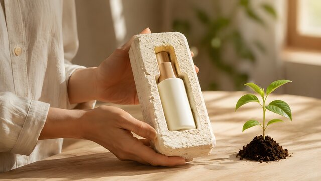 An organic close up photograph of a cosmetic bottle in eco friendly mycelium packaging near a sprout. This soft shot is suitable for green beauty blogs or sustainable designs.