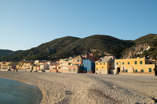 The village of Varigotti with its colorful houses along the beach on a winter Sunday