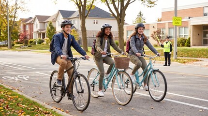 Obraz premium Happy diverse teenagers wearing helmets and backpacks ride bicycles in a neighborhood bike lane on a warm autumn day, ideal for active school commute and youth lifestyle campaigns.