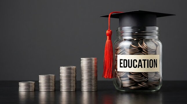 Glass jar full of coins with an education label and graduation cap mortarboard alongside stacked coins, symbolizing saving for college, student loans, and university tuition fees.