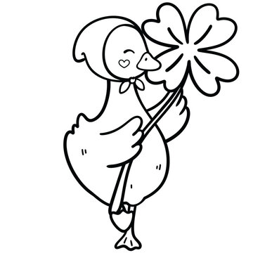 Cute goose wearing a headscarf and holding a clover leaf line art illustration