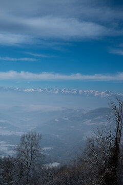 The Piedmontese Langhe and Monviso in winter with snow for a fairytale snowy landscape