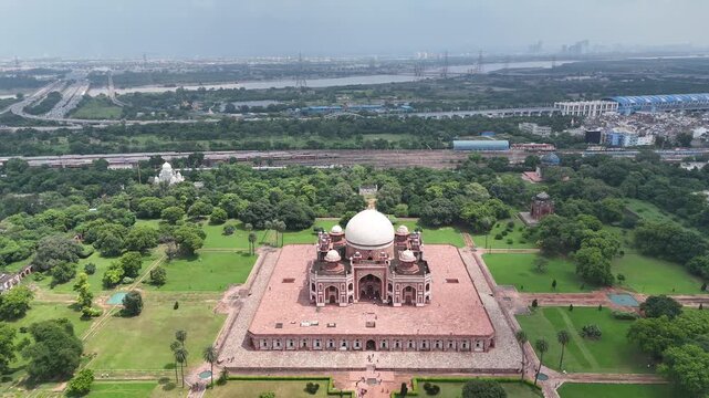 Aerial Shot of Humayun tomb in New Delhi, India