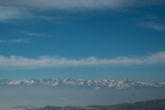 The Piedmontese Langhe and Monviso in winter with snow for a fairytale snowy landscape