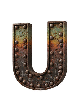 A single letter u made of rustic metal with industrial bolts and aged weathered texture