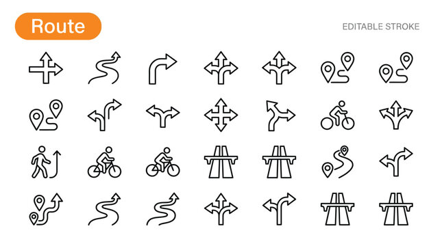 Navigation icons showing various route path options and directional arrows are organized in a structured graphic design set.